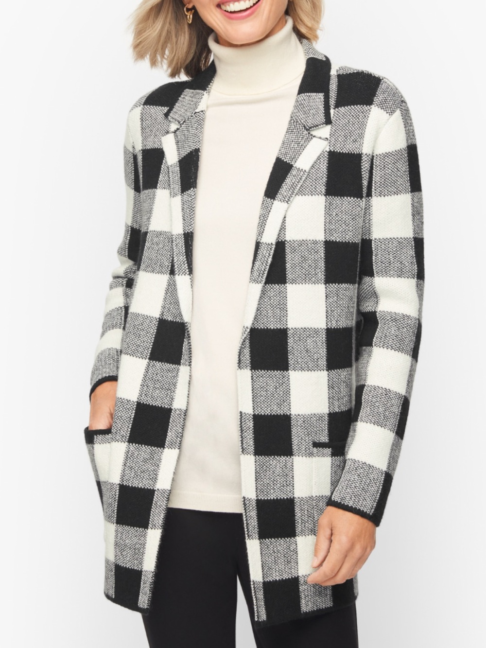 Talbots Black and White Buffalo-Check Open Front Blazer